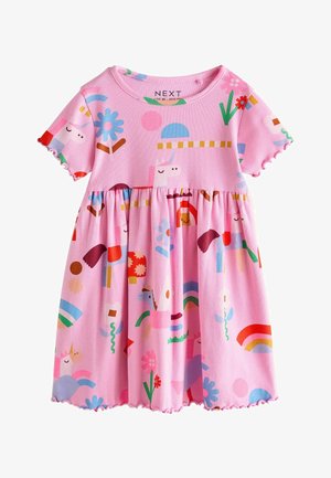 Roosa lühikeste varrukatega lastekleit, millel on ükssarviku, vikerkaare, lille ja geomeetriline muster pastelltoonides.