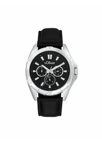 Zwarte analoge horloge met een zilveren roestvrijstalen kast. Bevat een zwarte wijzerplaat, witte uurmarkeringen en drie subdialen op een zwarte leren band.