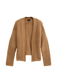 Cardigan lavorato a maglia color sabbia, con vestibilità ampia, apertura frontale e motivo a punto testurizzato. Materiale morbido con maniche lunghe e diritte.