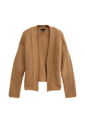 Strickjacke in Beige mit lockerer Passform, offener Vorderseite und strukturiertem Muster. Weiches Material mit langen, geraden Ärmeln.