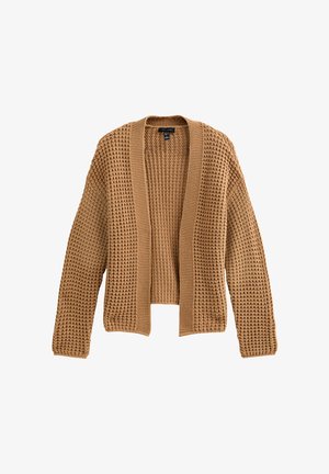 Knitted cardigan in tan, featuring a loose fit, open front, and textured stitch pattern. Soft material with long, straight sleeves.