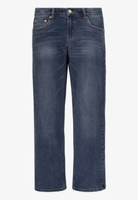 Jeans de mezclilla azul oscuro con un diseño de pierna recta, que presentan un cierre de botón y cremallera, y detalles de costura visibles.