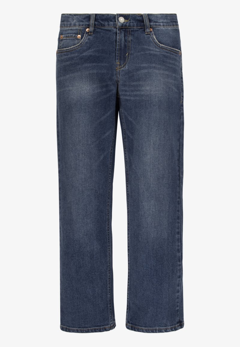 Jeans de mezclilla azul oscuro con un diseño de pierna recta, que presentan un cierre de botón y cremallera, y detalles de costura visibles.