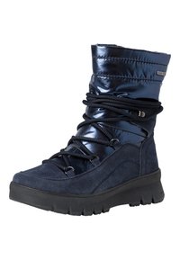Stivale alla caviglia blu navy con upper in suede testurizzato e sintetico lucido, con colletto imbottito, lacci neri e suola in gomma.