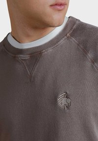 Brown sweatshirt with a round neckline, ribbed cuffs, and a small embossed logo. The fabric has a smooth texture with a slight sheen.