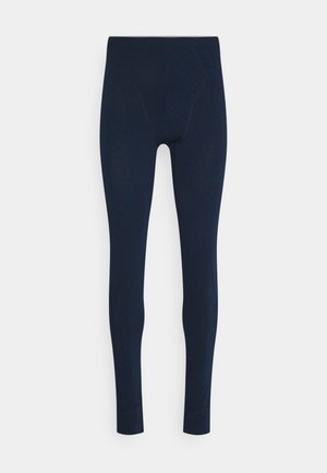 Leggings bleu marine en mélange de coton extensible, dotés d'une taille haute et d'une texture lisse, sans motifs ni accents distincts.