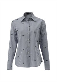 Striped blue and white button-up shirt with a collar, featuring small palm tree embroidery. Long sleeves with button cuffs. Cotton blend material.