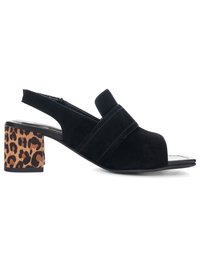 Black suede open-toe slingback sandal with wide strap and low block heel featuring leopard print pattern.