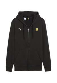 Sort zip-up hoodie med hætte, lavet af blødt stof. Har et hvidt Puma-logo og et gult Ferrari-skjold på brystet. Forlommer.