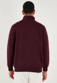 Sudadera burdeos con cuello alto, puños y dobladillo acanalados. Confeccionada en material suave, presenta un diseño liso sin acentos visibles.