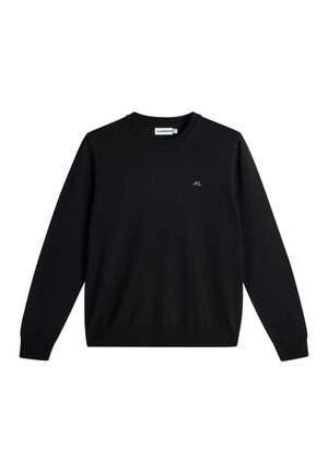 Sort langærmet crewneck-sweater med ribbede manchetter og kant, med en lille logo på venstre bryst og en mærket halslabel.