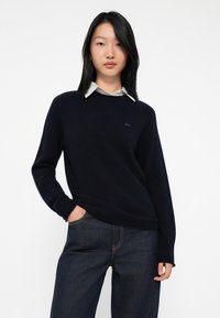 Mujer con cabello lacio y negro que lleva un suéter azul marino sobre una camisa blanca con cuello y jeans azul oscuro, de pie con una mano en el bolsillo.