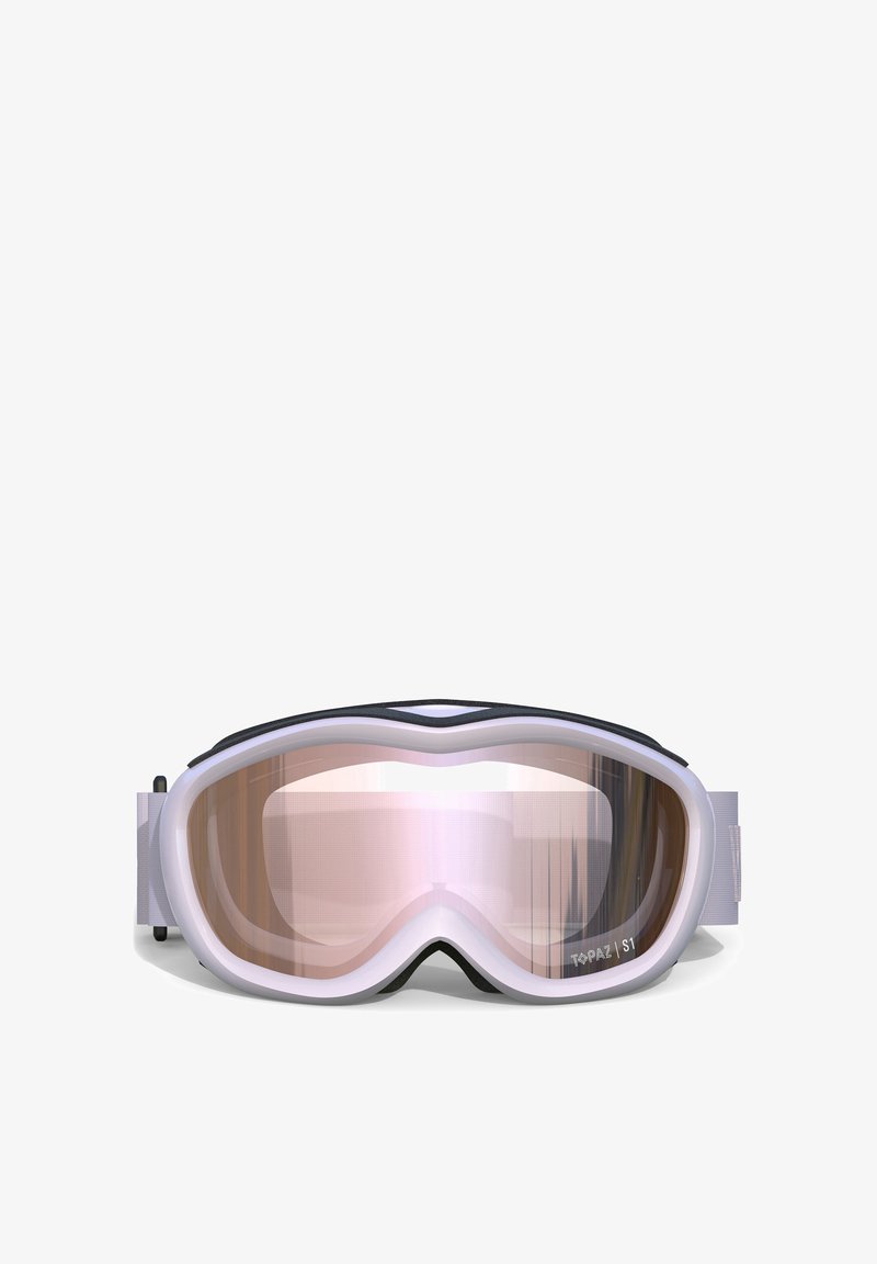 Lunettes de ski à monture blanche avec verres teintés rose et sangle blanche réglable, étiquetées "TOPAZ | S1" sur le coin inférieur droit du verre.