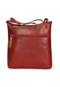 Borsa a tracolla rossa in pelle con texture liscia, chiusura con cerniera e tasca frontale. Tracolla regolabile per opzioni di trasporto versatili.
