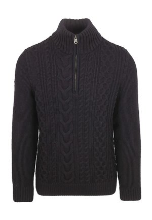 Dunkler Strickpullover mit hohem Kragen und Reißverschluss. Er hat ein strukturiertes Kabeldesign und gerippte Bündchen und Saum.