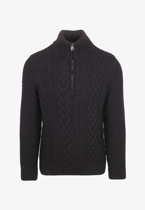 Maglione lavorato a maglia scura con colletto alto e zip. Presenta un design a trecce testurizzate su tutta la superficie e polsini e orlo a costine.