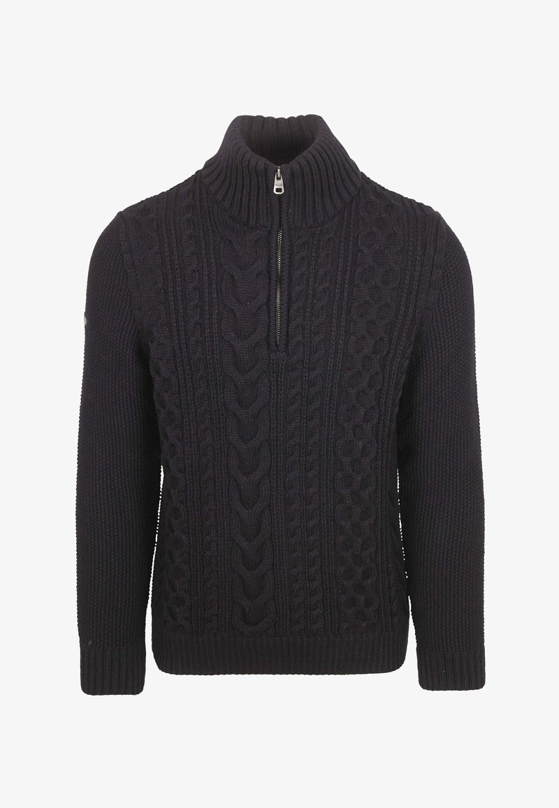Dunkler Strickpullover mit hohem Kragen und Reißverschluss. Er hat ein strukturiertes Kabeldesign und gerippte Bündchen und Saum.
