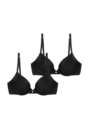 Schwarze BHs mit glatten, geformten Cups, verstellbaren Trägern und dezenten goldfarbenen Metallakzenten. Zweierpack.
