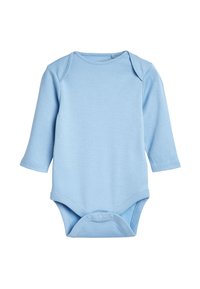 Ljusblå långärmad bodysuit i mjuk bomull. Har rund hals och tryckknappar i botten för enkel påklädnad.