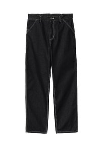 Pantaloni in denim nero con vestibilità comoda, caratterizzati da cuciture bianche, chiusura con zip frontale e bottone metallico. Gamba dritta con passanti per cintura.