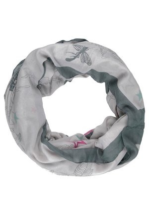 Écharpe infinie gris clair avec bord vert, décorée d'illustrations d'insectes, de feuilles et d'étoiles aux couleurs douces.