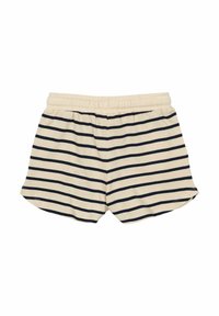 Shorts beige rayés en coton doux, ornés de rayures horizontales bleu marine, avec une taille élastique et des bords arrondis.