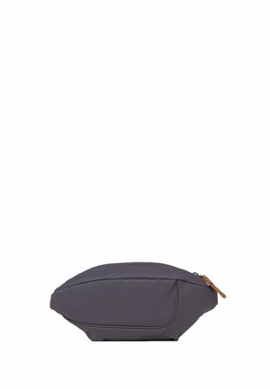 Compact dark gray waist bag with a front pocket and a zipper closure featuring a brown leather pull tab.
