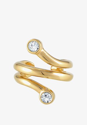 Goldfarbener Metallring mit einem Spiraldesign, an dessen Enden zwei klare runde Edelsteine eingesetzt sind, die einen visuellen Kontrast und Dimension erzeugen.