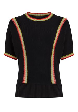 Top nero a maniche corte in maglia con trama a coste, collo rotondo e dettagli a strisce colorate in rosso, giallo e blu lungo i lati.