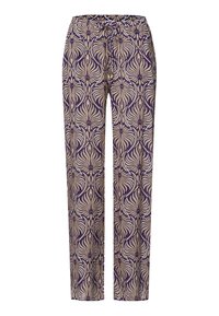 Patronen stof broek met een paarse en beige bloemenprint, met een trekkoord taille, recht gesneden pijpen en een lichte textuur.