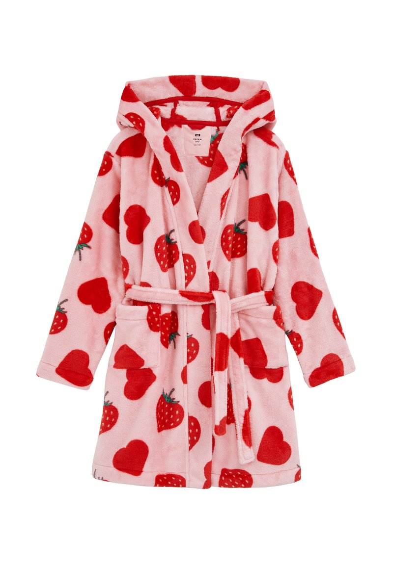 Rožinės spalvos flisinis chalatas su kapišonu, susirišamu diržu ir kišenėmis. Audinys dekoruotas raudonais braškėmis ir širdelėmis.