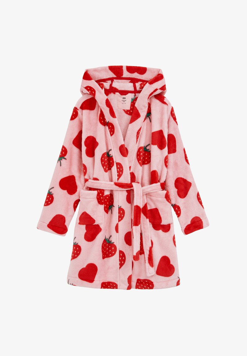 Ružový fleecový župan s kapucňou, opaskom na zaväzovanie a vreckami. Celý materiál je zdobený červenými jahodami a srdiečkami.