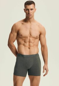 Szare bawełniane bokserki o miękkiej fakturze i elastycznym pasku, prezentowane na modelu bez koszulki na jasnym tle.