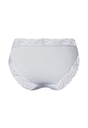 Sottovesti grigio chiaro con schiena in pizzo, caratterizzate da una rifinitura in pizzo a scallop e un corpo in tessuto liscio. Il pizzo presenta un motivo floreale lungo i bordi.