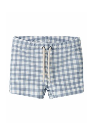 Maillot de bain bleu et blanc à carreaux avec une ceinture élastique et des cordons blancs noués à l'avant au centre.