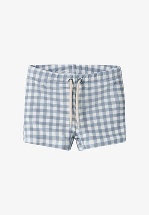 Siniset ja valkoiset ruudulliset uimashortsit, joissa on joustava vyötärönauha ja valkoiset kiristysnauhat sidottuna edessä keskellä.