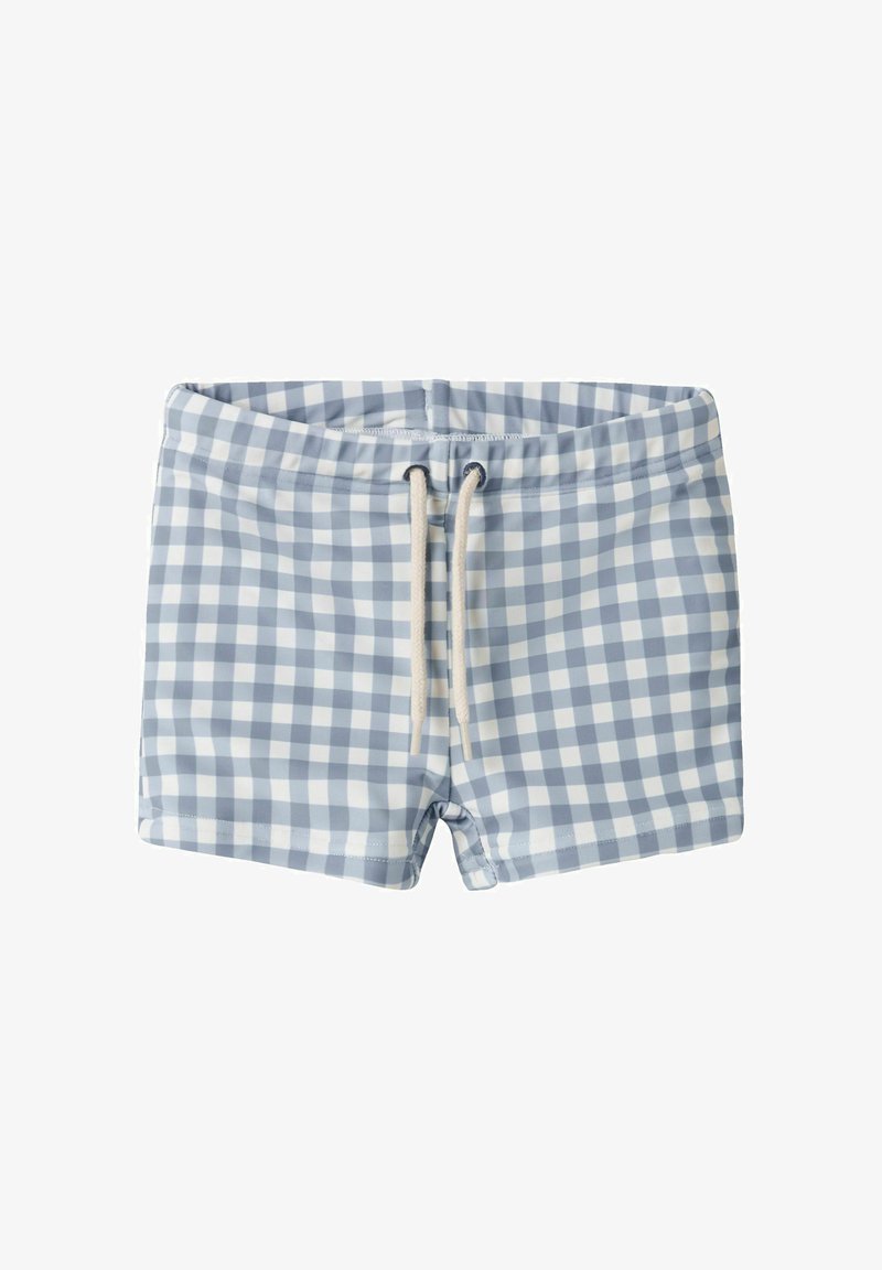 Maillot de bain bleu et blanc à carreaux avec une ceinture élastique et des cordons blancs noués à l'avant au centre.