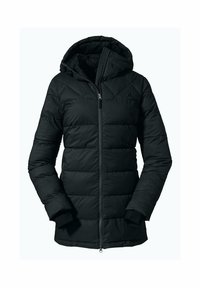 Schwarze Daunenjacke mit Reißverschluss vorne, Kapuze und gestepptem Design. Merkmale sind lange Ärmel und eine glatte, matte Oberfläche.