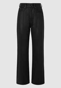 Jeans de mezclilla negra de pierna ancha con una cintura de media altura, que cuentan con cinco bolsillos, trabillas para el cinturón y detalles de costura sutiles. Textura suave y diseño limpio.