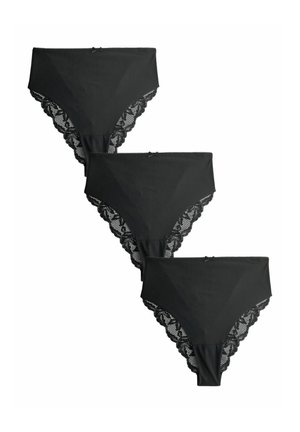 Pack of three high-waisted black lace panties featuring scalloped edges, a smooth front panel, and a delicate bow accent.
