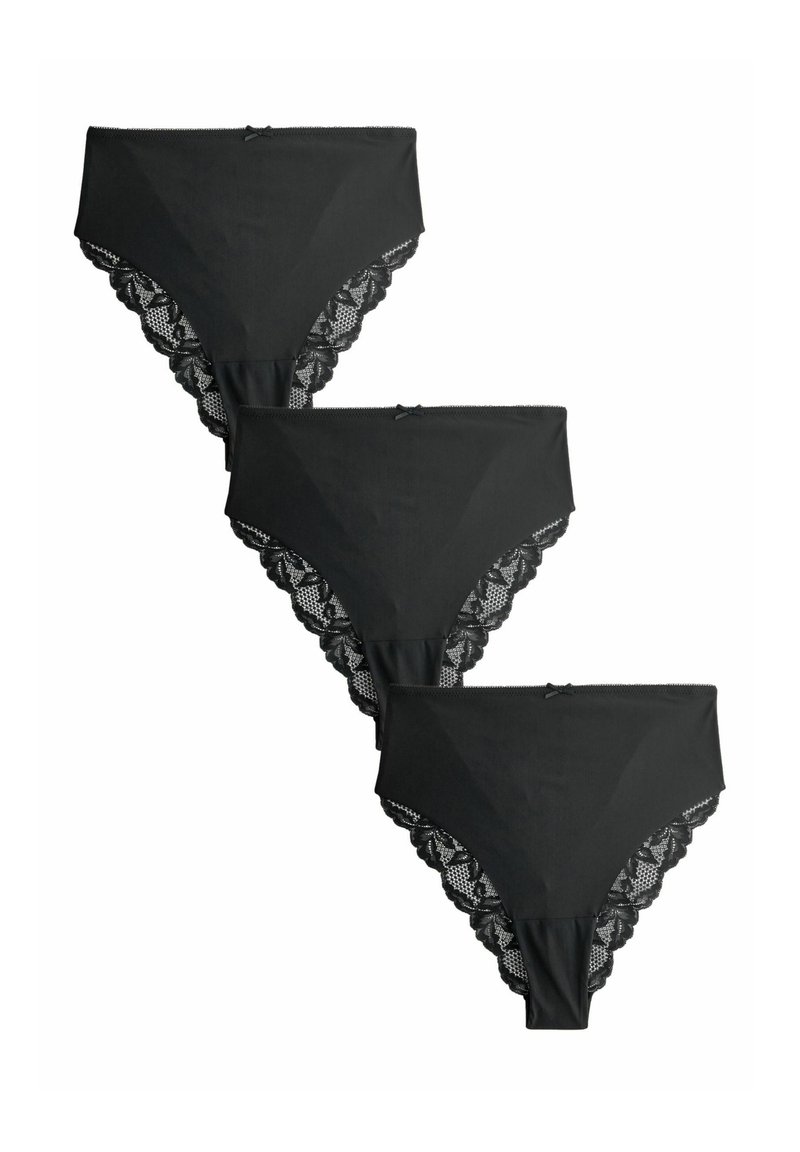 Pakket van drie zwarte hoge taille kanten slips met geschulpte randen, een glad voorpaneel en een delicate strikaccent.