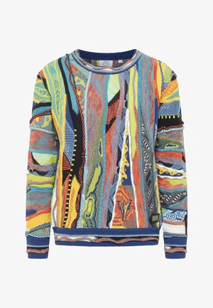 Mehrfarbiger Strickpullover mit abstrakten Mustern in Blau, Gelb, Rot und Schwarz. Gerippter Kragen und Bündchen, strukturierter Stoff.