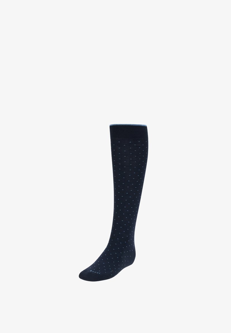 Calcetas azul marino hasta la rodilla con pequeños lunares de color azul claro. Elaboradas con un material suave y con un puño acanalado para mayor comodidad y ajuste.