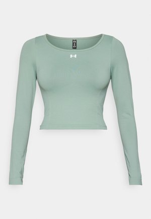 Ilgi piedurkņu cropped tops gaiši zaļā audumā. Tam ir apaļa dekoltē un smalks logo priekšpusē. Gluda tekstūra ar pieguļošu dizainu.