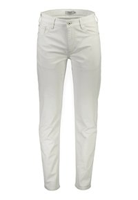 White, slim-fit trousers made of cotton with a smooth texture. Features five pockets and metal hardware accents at the waist and pockets.