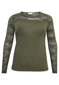 Oliivinvihreä pitkähihainen paita, jossa pitsikuvio hihassa, pyöreä pääntie ja sileä vartalokangas. Yksinkertainen, istuva malli teksturoidulla yksityiskohdalla.