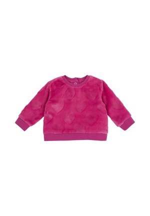 Pull à manches longues pour tout-petit, rose et duveteux, avec des motifs en forme de cœur en relief et des poignets et un ourlet côtelés sur fond blanc.