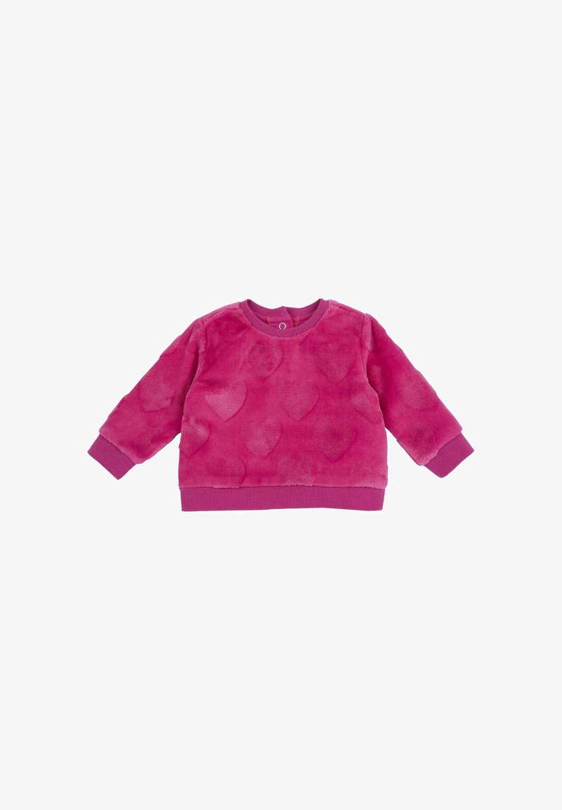 Pull à manches longues pour tout-petit, rose et duveteux, avec des motifs en forme de cœur en relief et des poignets et un ourlet côtelés sur fond blanc.