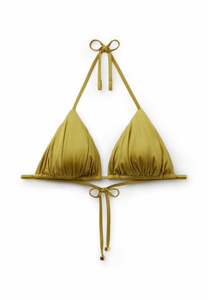 Top de bikini triángulo amarillo-verde con lazos ajustables en el cuello y la espalda, tela suave y pequeños detalles de cuentas metálicas en los extremos.