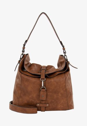 Brązowa skórzana torba na ramię z klapą zamykającą, srebrnym klamrą, regulowanym paskiem oraz dodatkowym długim paskiem na ramię.